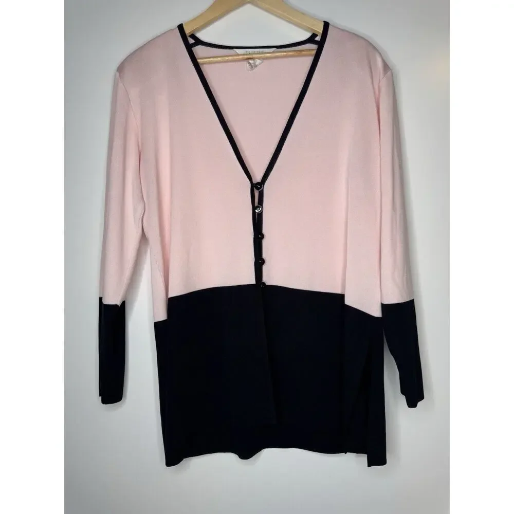Exclusively Misook Pink Black Color Block Button Cardigan Size Large Acrylic - Picture 1 of 9
